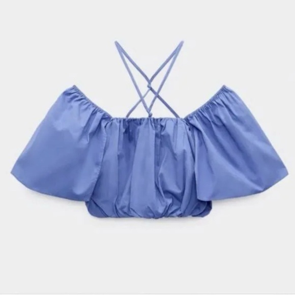 Zara Blue Ruched Ruffled Puff Crop Top - Picture 1 of 7